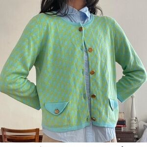 Vintage Lilly Pulitzer Houndstooth Button Cardigan Mint Green Yellow W size M